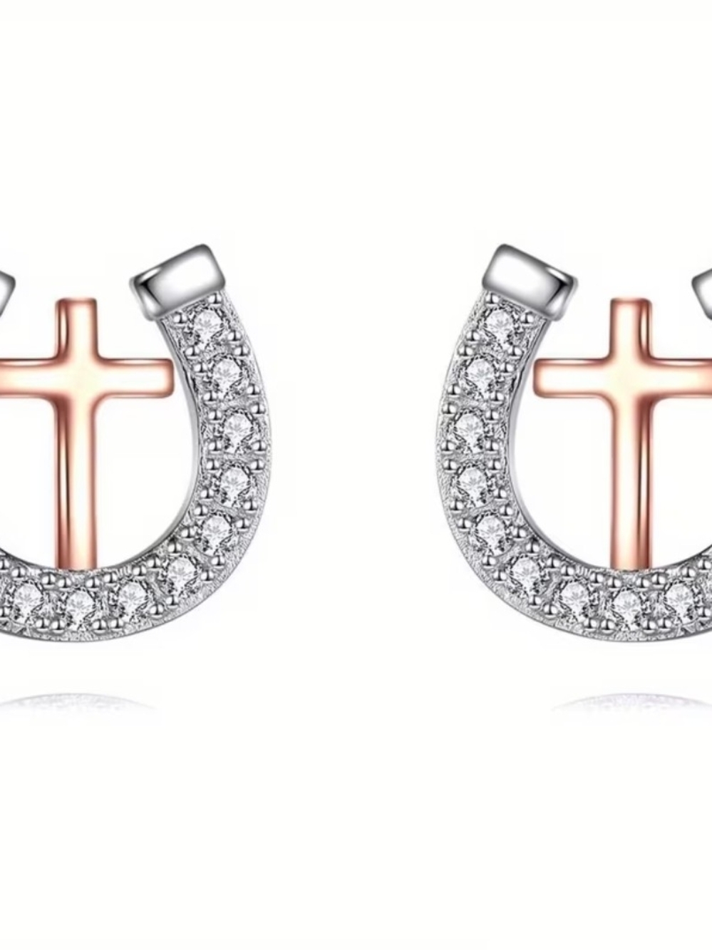 Rose Gold Cross & Silver Horseshoe Stud Earrings